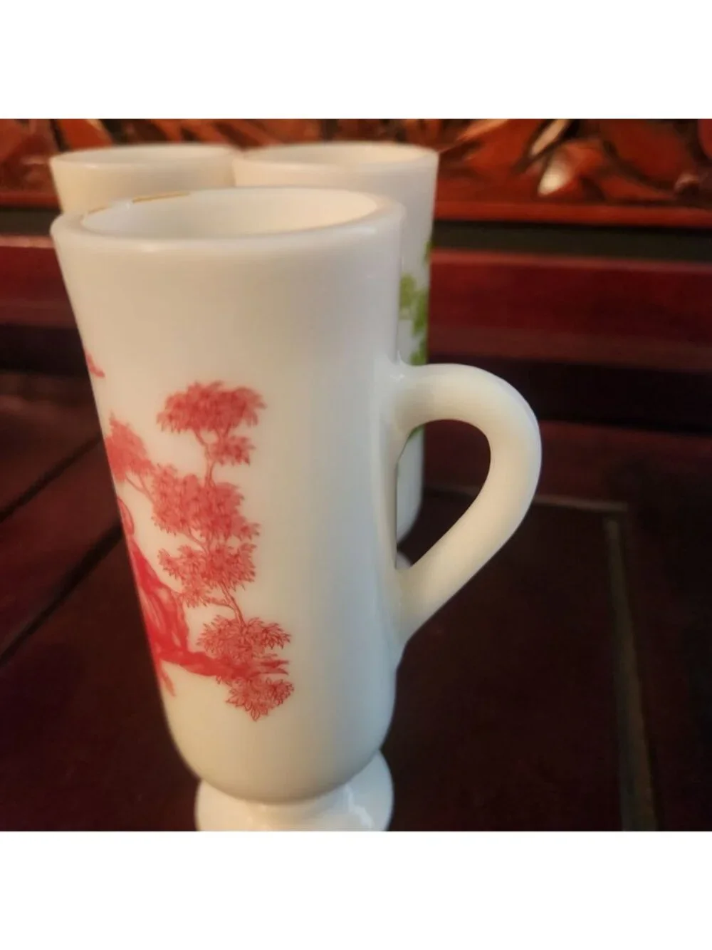 Set Of 2 Vintage Milk Glass Pedestal Mugs Colonial Design in Red n Green